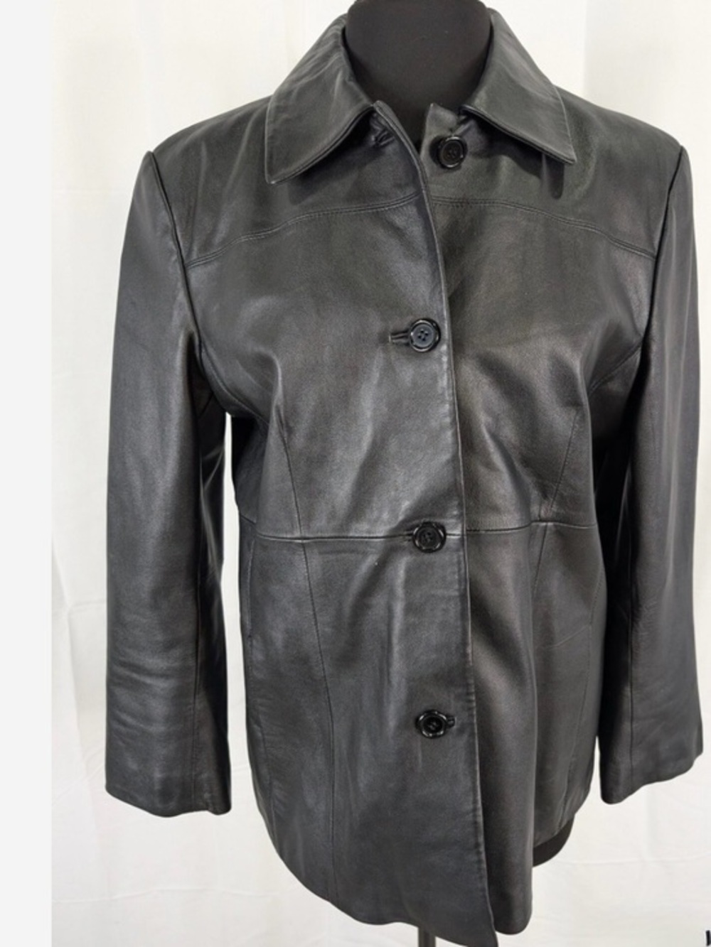 Gallery Women’s Black Genuine Leather Tailored Button Front Jacket Size Large
